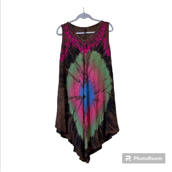 Sun Dress—True Rock Free Size Tie-Dye Rayon Embroidered V-neck, Brown Pink - Picture 11 of 12